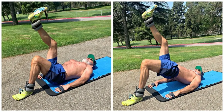 Man in his fifties does ankle-weight exercises.