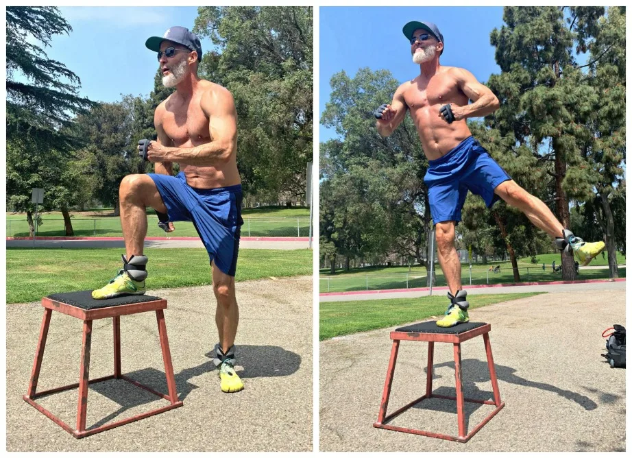Mature athlete demonstrates step up with leg lift exercise wearing ankle weights.