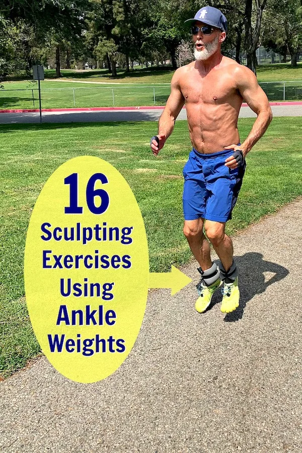 Mature athlete, age 53, does plyometric jumping exercise outdoors while wearing ankle weights.