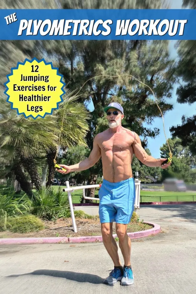 Mature, fit athlete jumping rope outdoors for plyometrics.