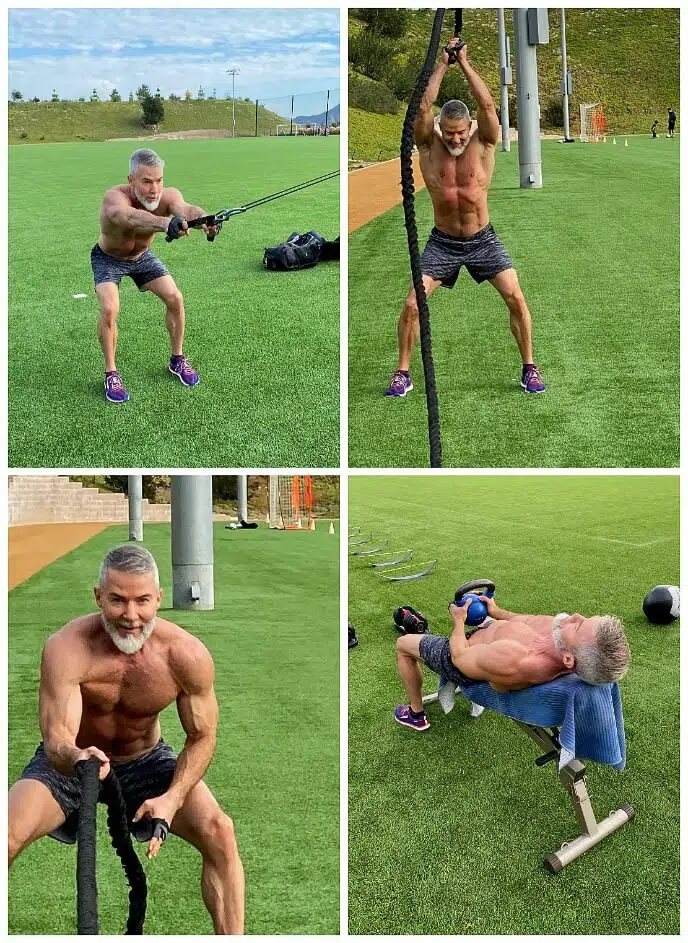 Four outdoor examples of Back Day exercises using resistance band, battle rope, and kettlebell.