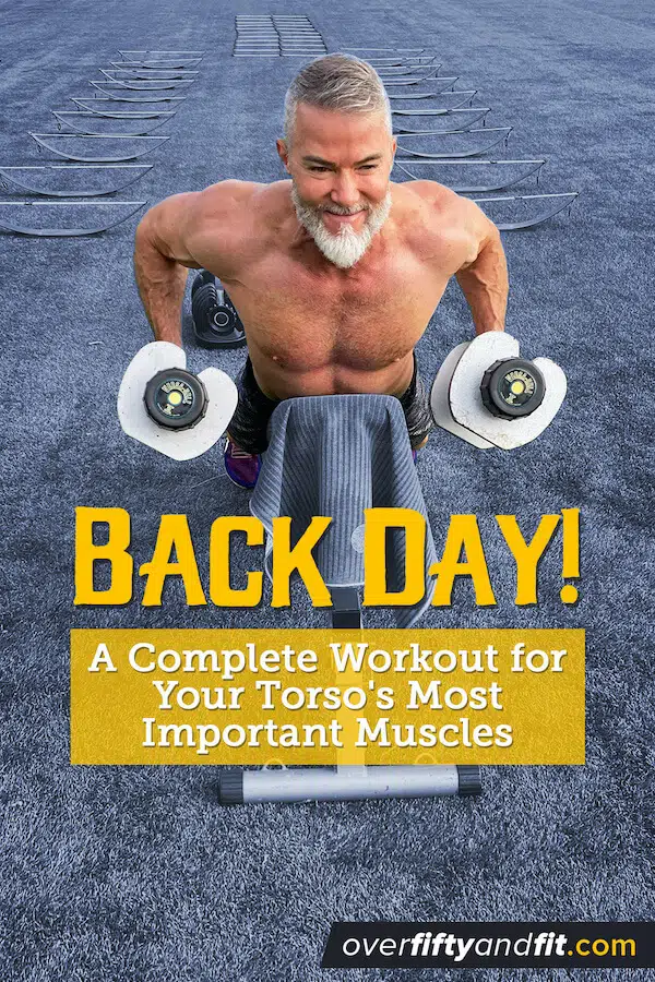 Silver-bearded man does horizontal bench dumbbell rows for back muscles.