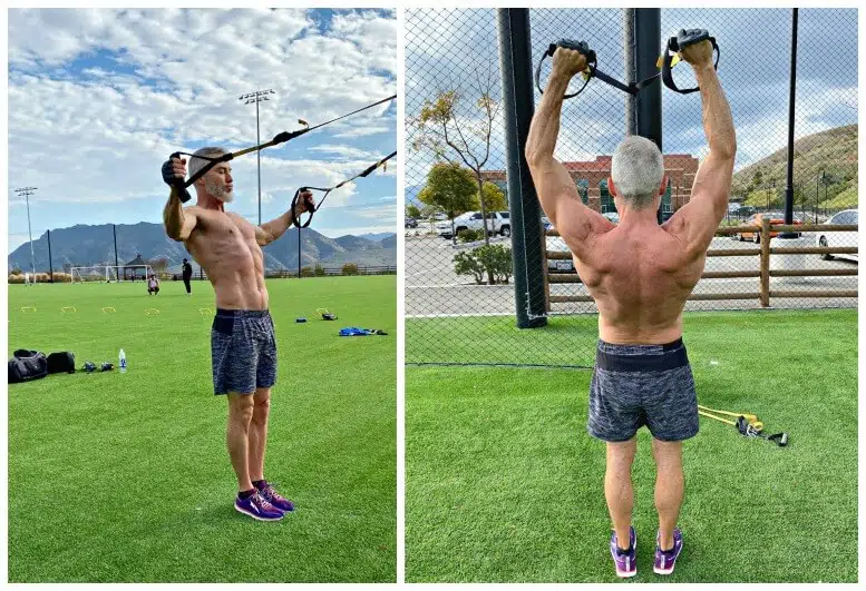 An example of how to do the rear delt fly exercise and front arm raise on the TRX.