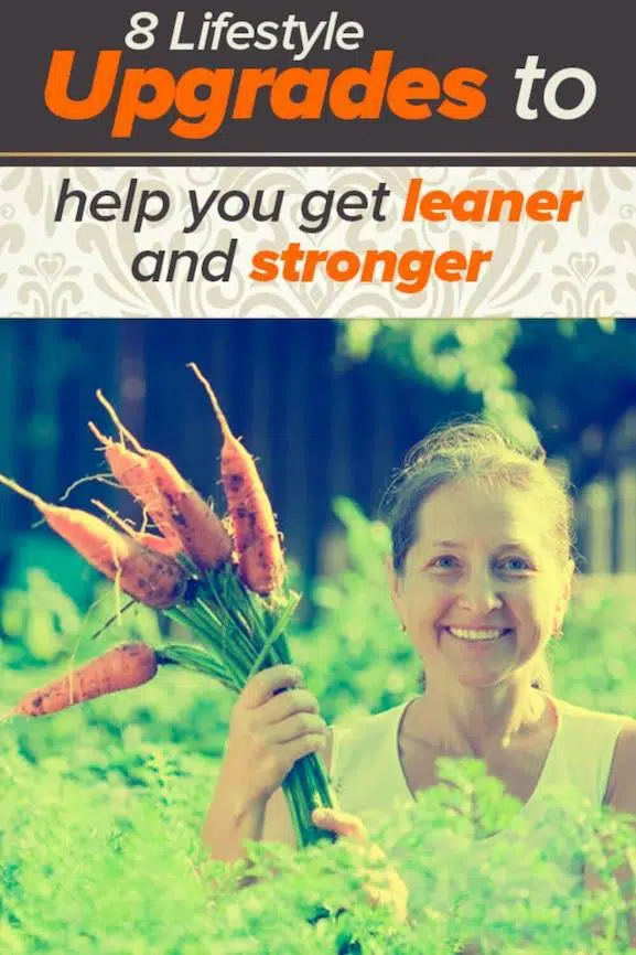 Happy woman picking carrots in garden, making lifestyle upgrades to improve health.
