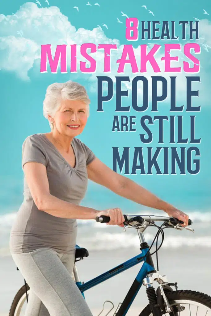 Senior fit woman biking outdoors, avoiding health mistakes.