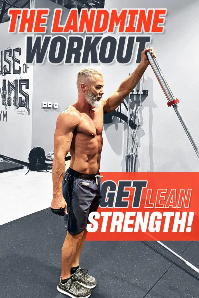 Silver-bearded athlete does one-arm overhead reverse lunge with a leaning barbell.