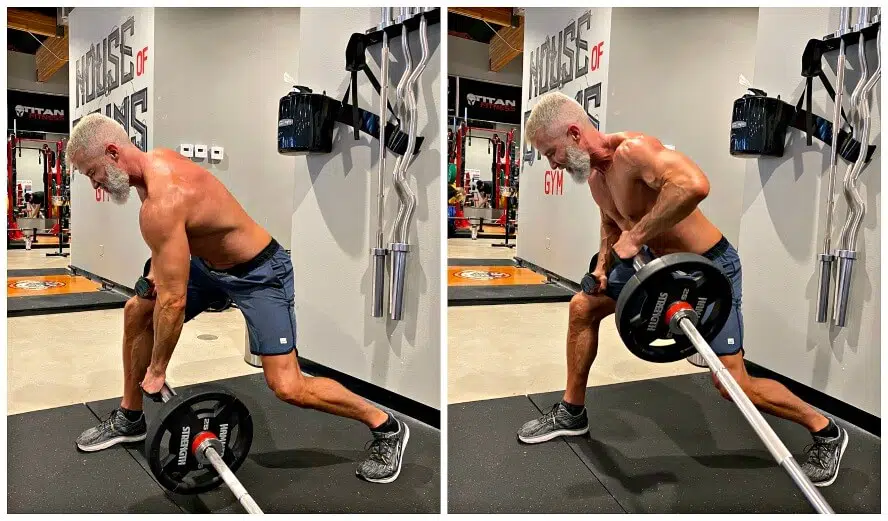 Man doing Meadows Row exercise using the Landmine Barbell apparatus.