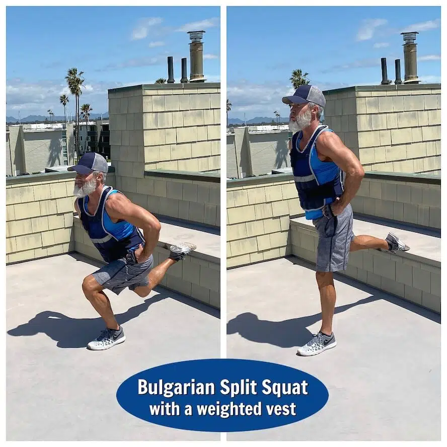 Mature athlete does Bulgarian Split Squat exercise in a weighted fitness vest.