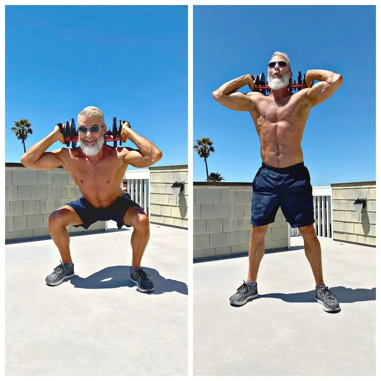Older guy doing back squat during leg HIIT workout.