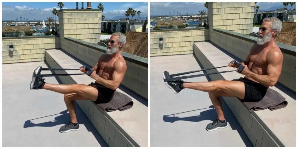 Silver-haired man with muscles does calves exercises for lower body using resistance bands.