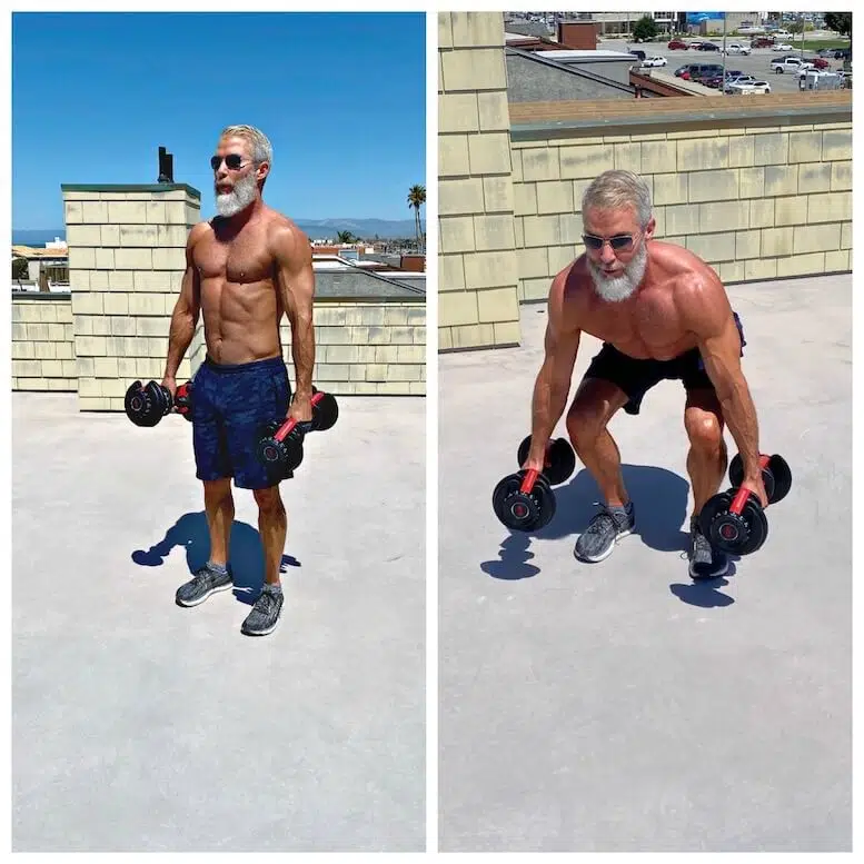 Dane Findley, age 54, strengthens his thighs and leg muscles using dumbbells.