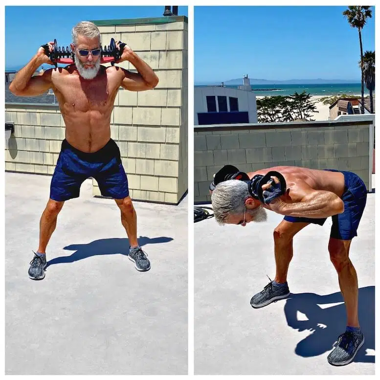Silver-bearded athlete does Good Morning exercise to develop leg muscles and lower back.