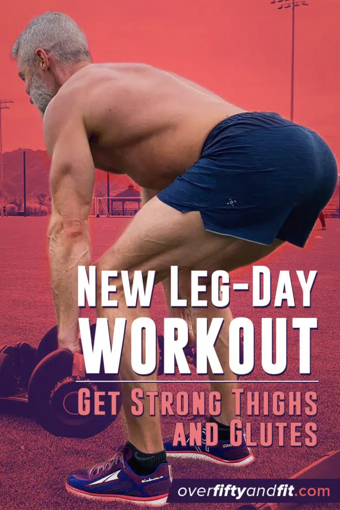 Strong athlete of advanced age trains his thigh muscles on Legs Day.