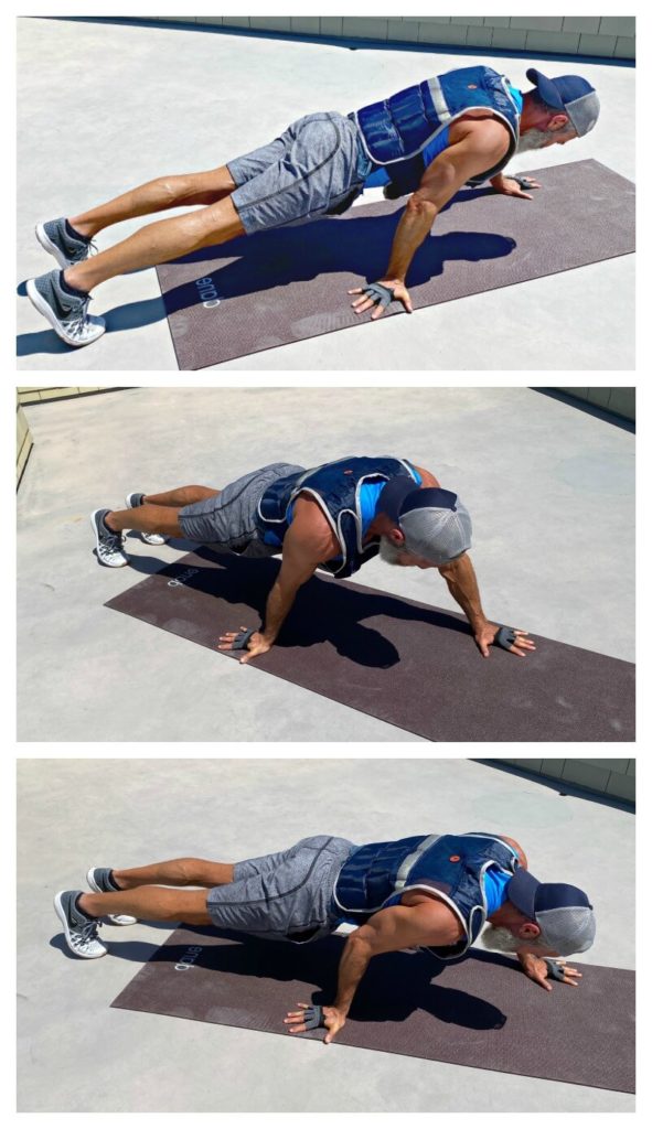 Man demonstrates the staggered push-ups exercise.