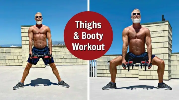 Older man does sumo squat exercise with dumbbells for leg muscles.