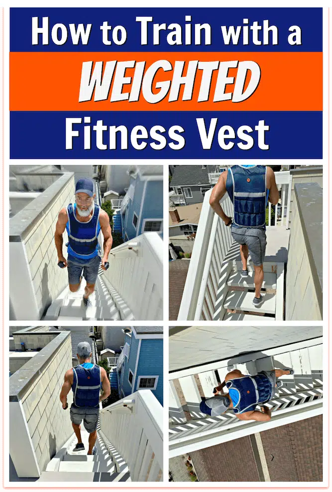 Older man running stairs wearing weighted fitness vest.