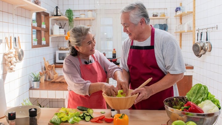 mature couple reduce pace of growing old with vegetable diet