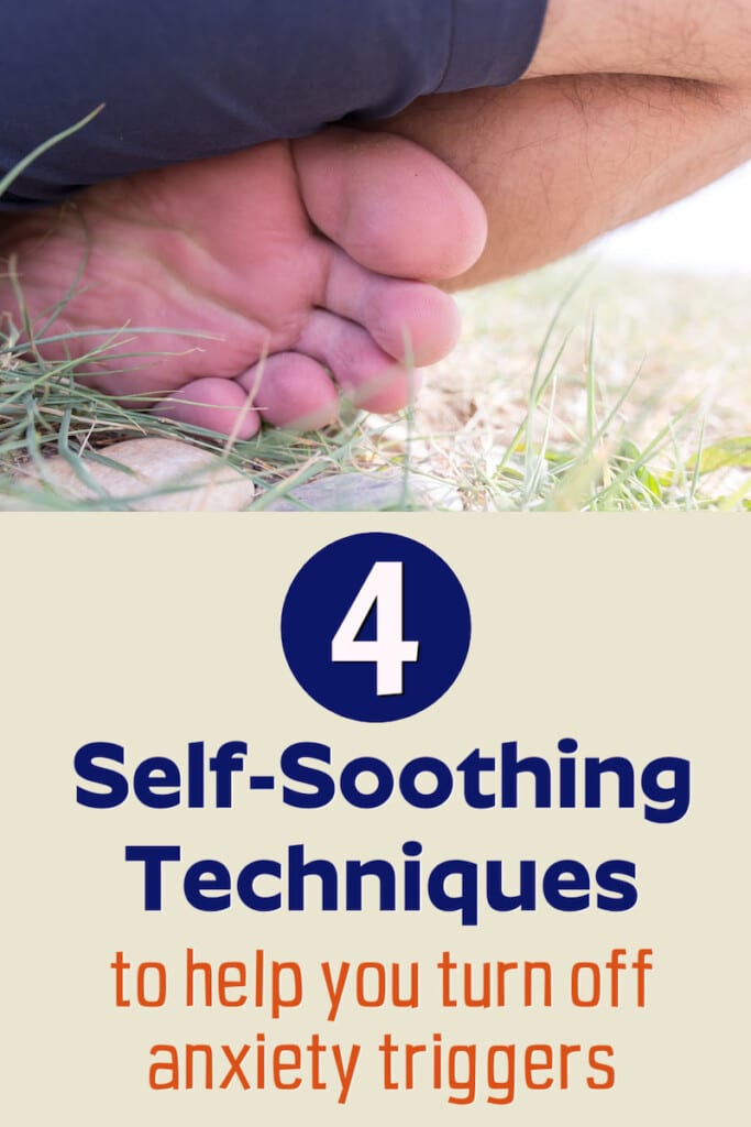 Healthy barefoot man practices self-soothing techniques by grounding outdoors and doing breathing exercises.