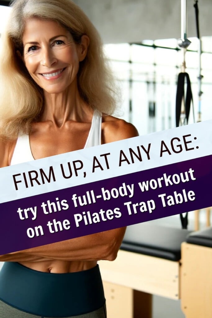 Mature healthy woman standing in front of a Pilates Trap Table, about to exercise.