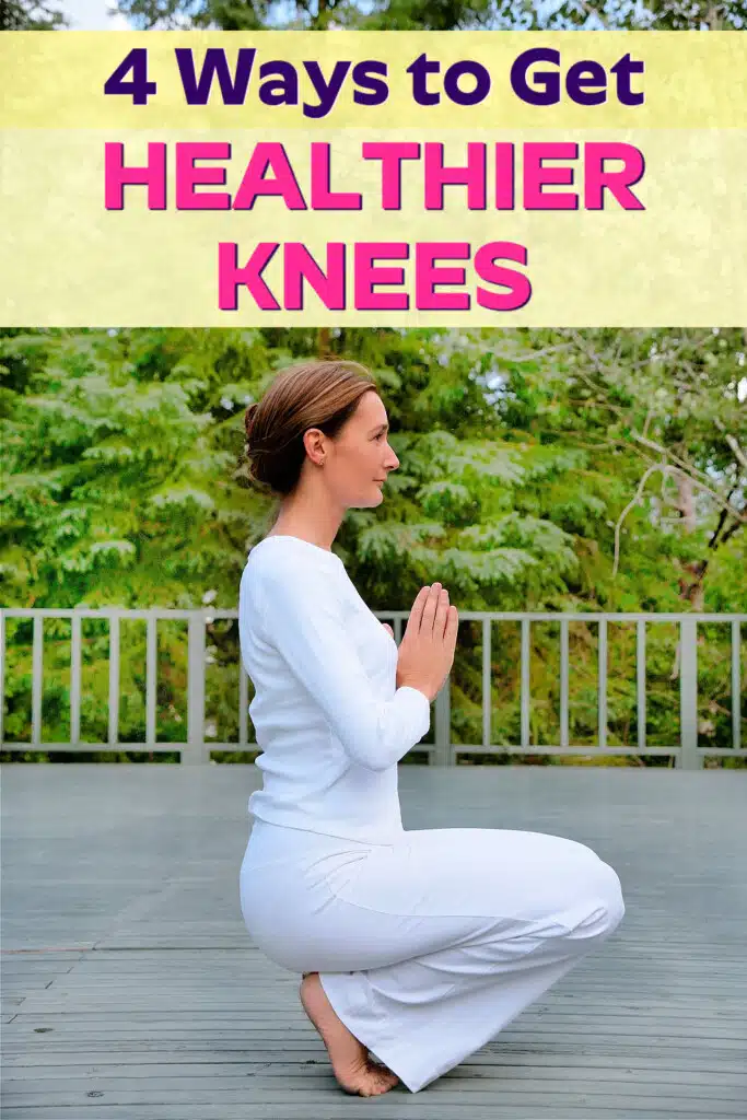 mature woman doing outdoor yoga with healthy knees