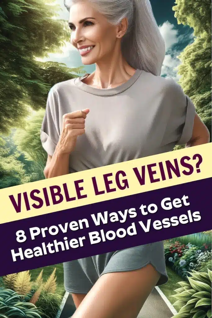 Fit, mature woman exercising outdoors to reduce visible varicose legs on her legs.