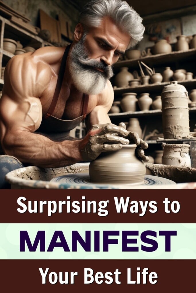 Mature fit man working at his potter's wheel, learning how to manifest with the universe.